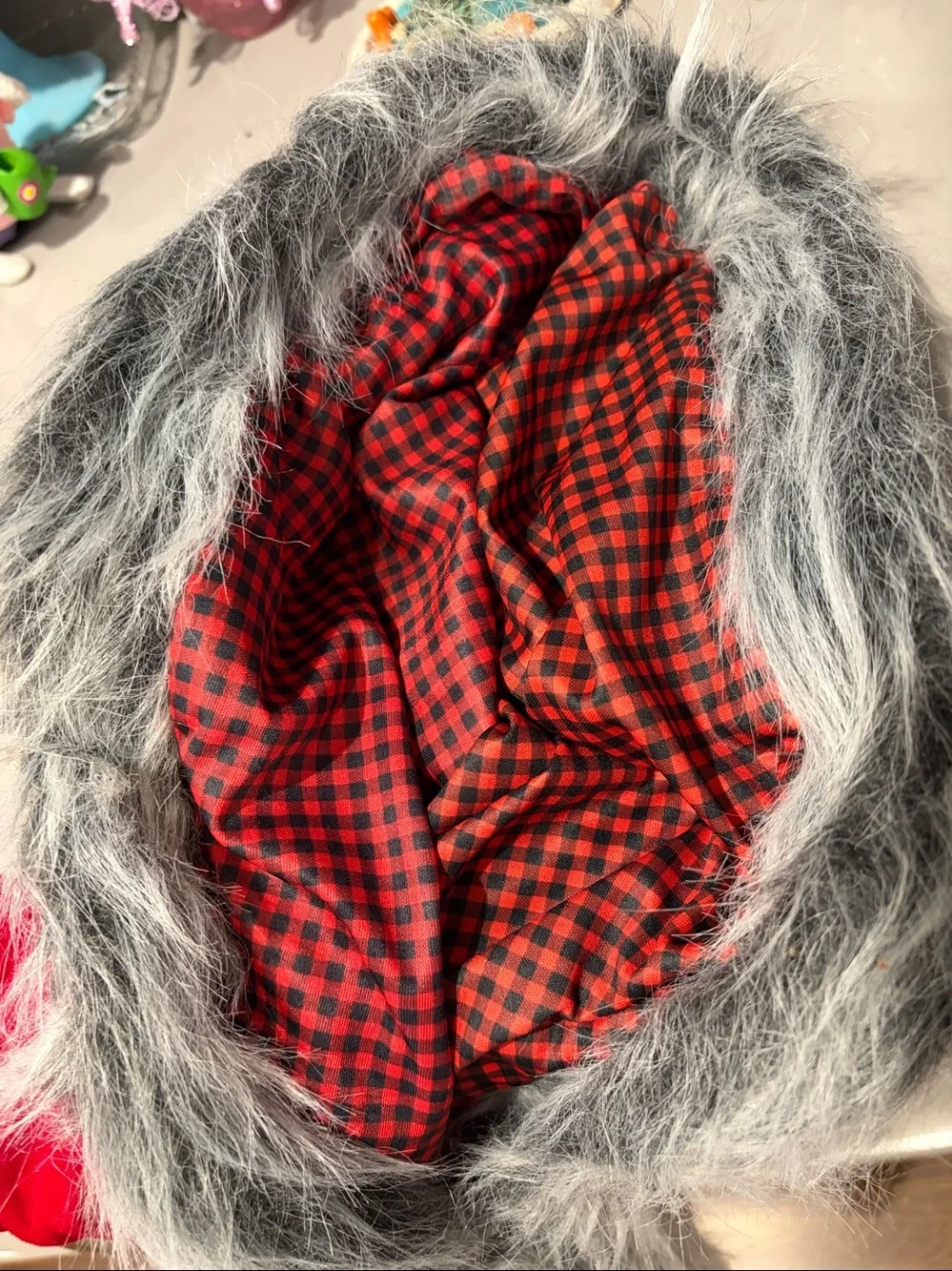 Spirit Red and Black Buffalo Plaid Wolf Hood with Gray Faux Fur Trim - Picture 4 of 5